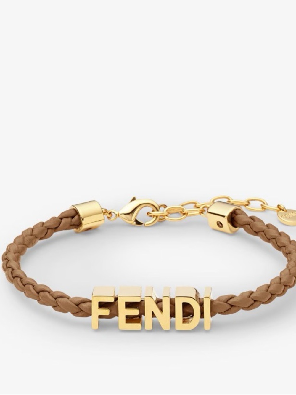 Fendi Tan Braided Leather Bracelet with Gold Logo